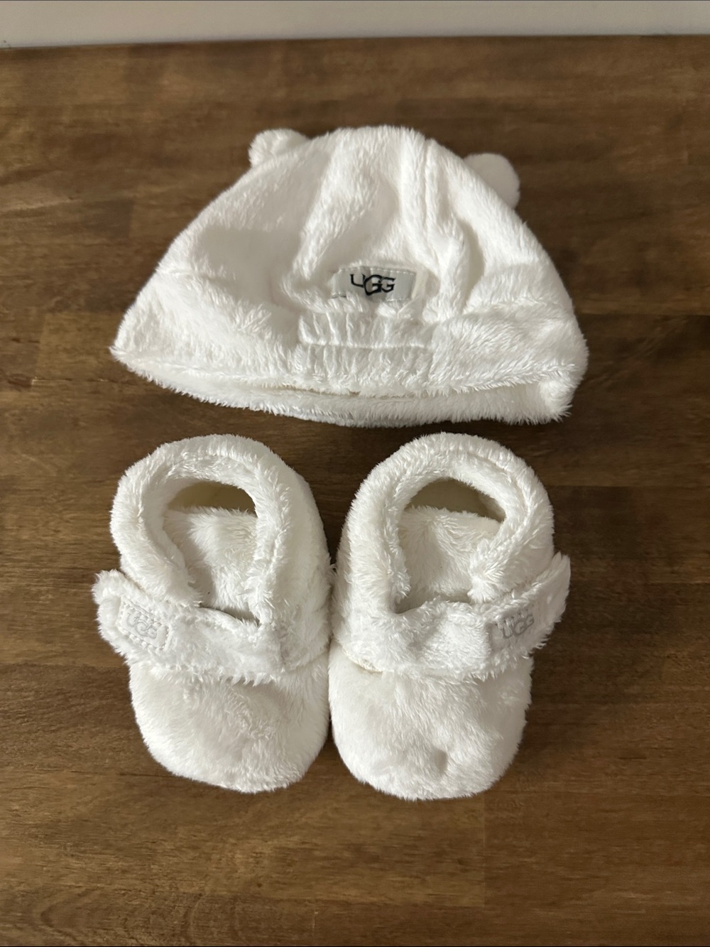 UGG White Plush Infant Hat and Booties Set